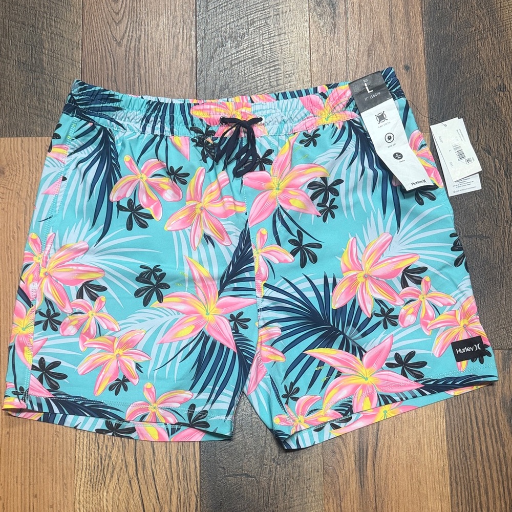 NWT Hurley Vibrant Floral/Tropic Mens Swim Shorts - Turquoise Blue and Pink